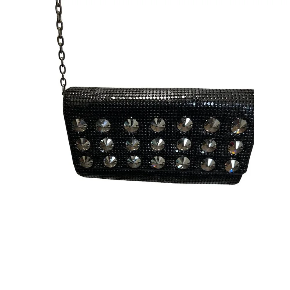 Whiting & Davis Black Rhinestone Evening Chain Clutch Metal Mesh Satin Interior